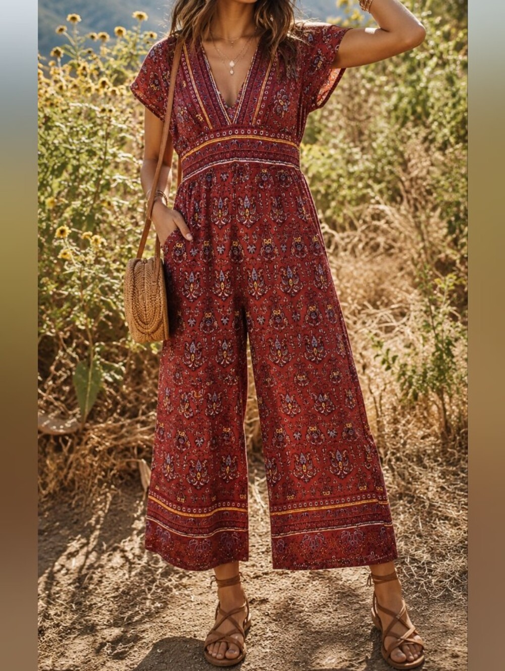 ICON Burgundy Paisley Print Wide Leg Jumpsuit Boho Festival V-Neck Empire Waist